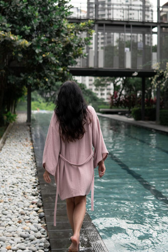 Halat de baie din muselina Kimono Trandafir Sepia Makashka | 100% bumbac, usor si aerisit