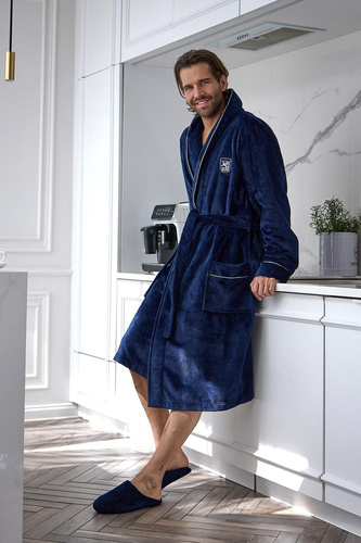 L&L 2661 Elegant Halat de baie bărbați clasic cu guler șal moale, bleumarin