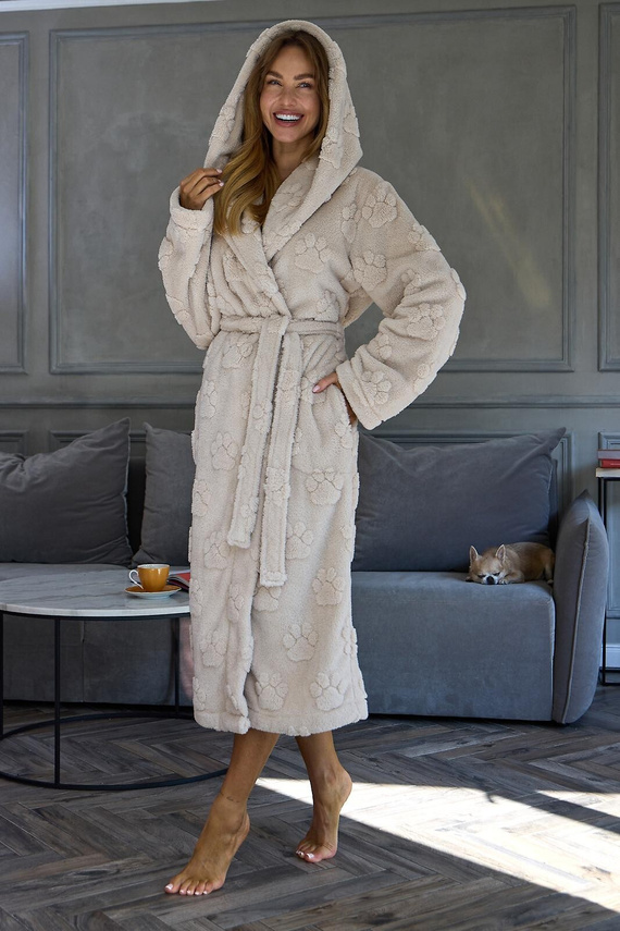 L&L Fibi 2635 Halat de damă lung cu glugă, moale, model lăbuțe de câine - angora