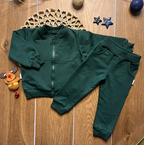 Mamatti DR919 trening verde pentru copii din bumbac, bluză cu fermoar și guler tip tunică, pantaloni cu buzunare