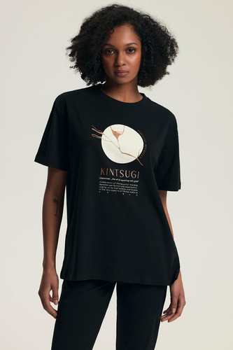 Set pijamale damă 43728 Dairoku negru - bumbac, mâneci scurte, pantaloni capri