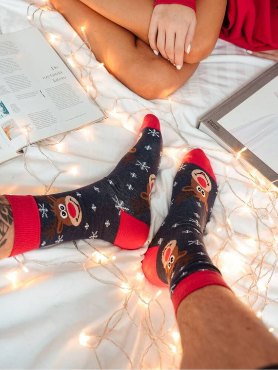 1290-019 Ciorapi bărbați Milena capete de ren și fulgi de nea - bleumarin