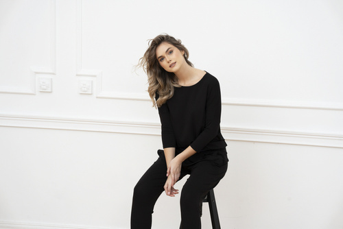 Stil Set cu mâneci 3/4 pentru femei, lungime.pantaloni de modă italiană negru