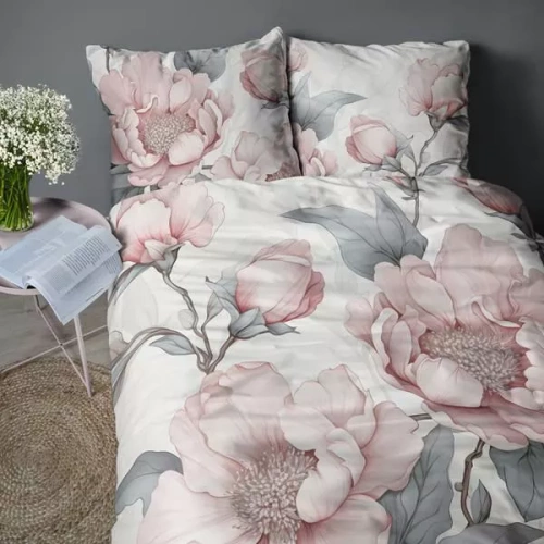 5428 Așternut 3D din microfibră cu bujori roz și frunze gri – Detexpol