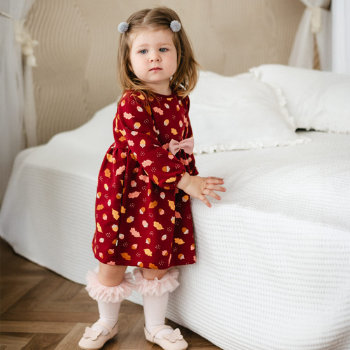 Rochie pentru bebelusi Fluffy Tails Eevi – visiniu, bumbac, maneca lunga