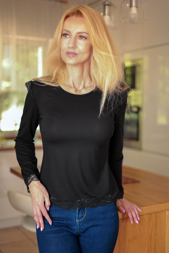 Mirale Ivy Bluză damă din vâscoză cu dantelă, elegantă, mânecă lungă - neagră