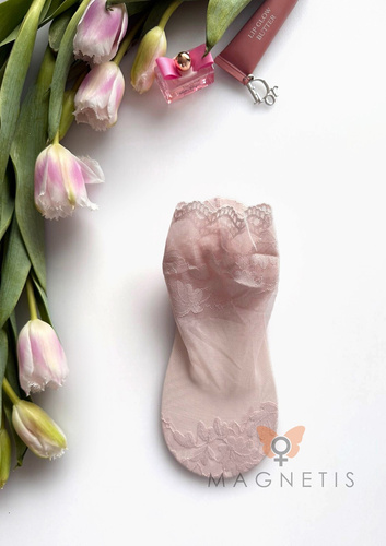 Șosete damă din dantelă Magnetis GC-251133 cu model floral și talpă din bumbac light pink