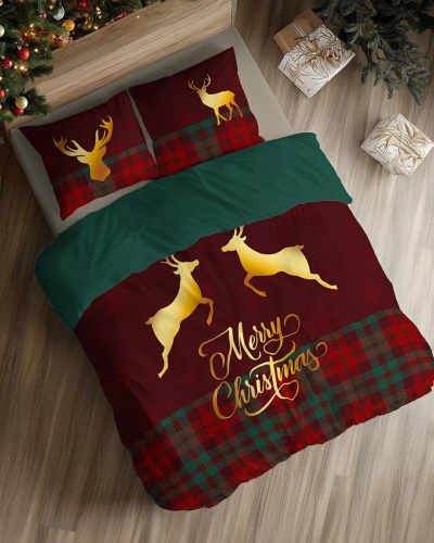 5827 Set de lenjerie de pat din bumbac Detexpol cu ​​motive de reni Crăciun Fericit - Set de Crăciun 100% bumbac