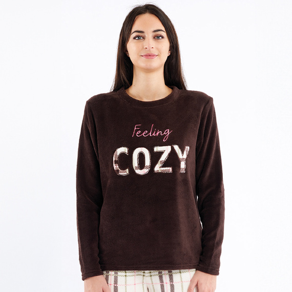 Pijamale Liliana Sorbetto maro – fleece călduros cu model în carouri și broderie