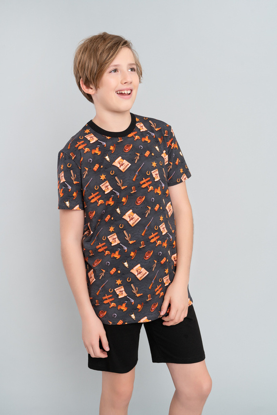 Western Boys' pijama cu mânecă scurtă, pantaloni Italian Fashion- grafit / negru