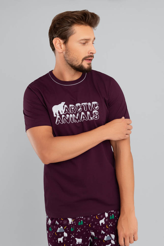 Manfred Pijama cu mânecă scurtă pentru bărbați, pantaloni lungi Italian Fashion- burgundy/print burgundy