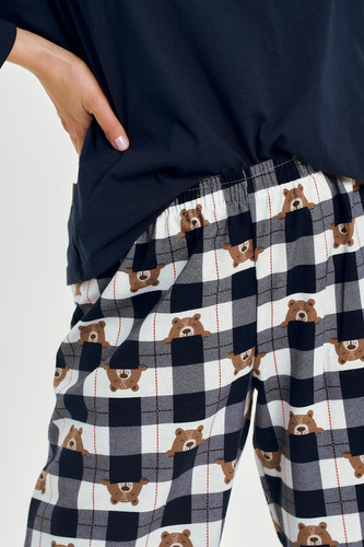 3441 Pijamale de damă Astrid din bumbac Taro bleumarin – mâneci lungi, pantaloni de flanel în carouri