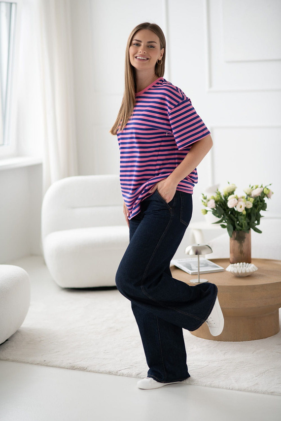Tricou pentru maternitate și alăptare Mamahood Milk&Love, dungi roz și albastre - confortabil și elegant