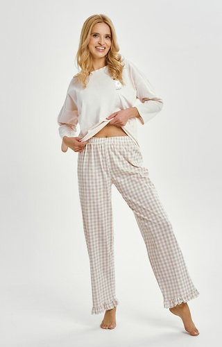 3438 Vera Taro pijamale de dama bej din bumbac - maneci lungi, pantaloni in carouri cu volane
