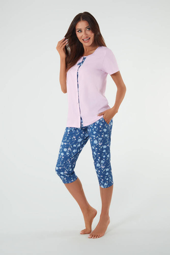 Pijama Lady cu mânecă scurtă, pantaloni 3/4 Italian Fashion roz/print 