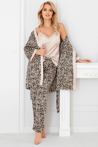 Rochie Sheila Donna bej - halat de dama satinat, elegant, cu curea