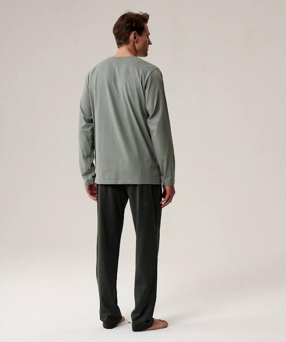 Pijamale bărbați NMP-392 Atlantic - bumbac verde/kaki, mâneci lungi, set elegant pentru nopțile reci