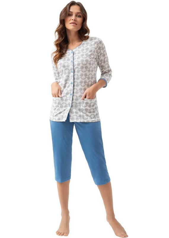 668 Luna pijamale dama cu fermoar - alb si albastru cu flori