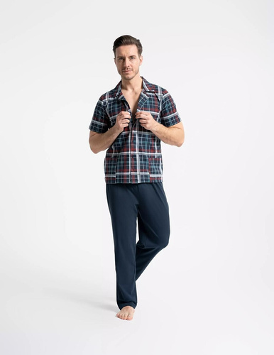 Pijama bărbați Moraj PDM6200-003 bleumarin, deschisă cu nasturi, bumbac cu buzunare