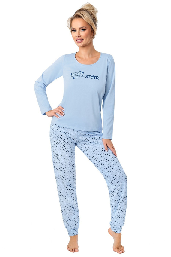 Pijamale lungi pentru femei Donna Star, albastru - bumbac, mâneci lungi, ambalate într-o pungă de plastic