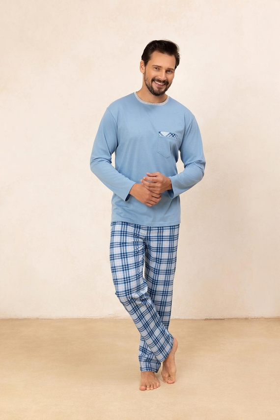 Regina 488 – pijama bărbătească albastră din bumbac cu mâneci lungi, croială clasică