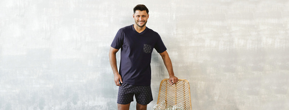 Diaz Pijama cu mânecă scurtă pentru bărbați, pantaloni scurți Italian Fashion - albastru marin/print