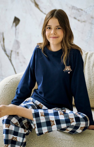 3503 Pijamale fete Astrid Taro, bleumarin – bumbac, imprimeu, pantaloni in carouri