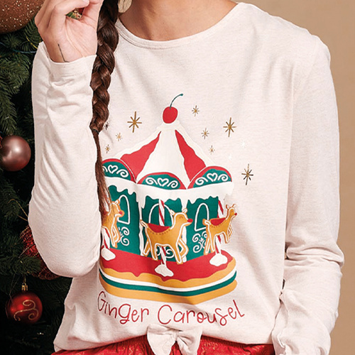 Pijamale Gretel Sorbetto pentru femei, bej – Crăciun, mânecă lungă, imprimeu turtă dulce