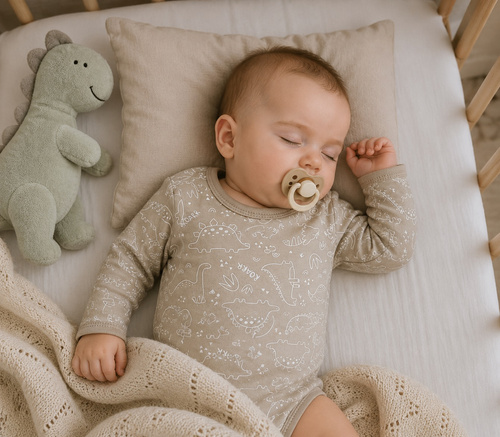 Body BK16526 Mamatti bej cu dinozauri, body din bumbac pentru bebeluși