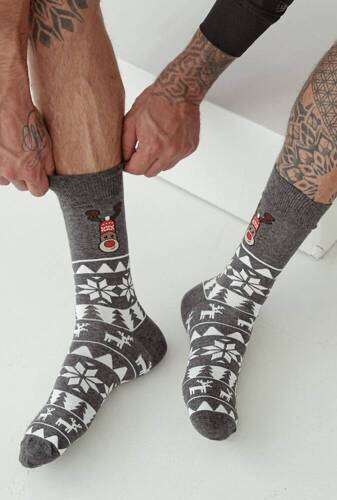 1290-022 Sosete de Crăciun cu reni norvegieni Milena pentru bărbați - Melange închis