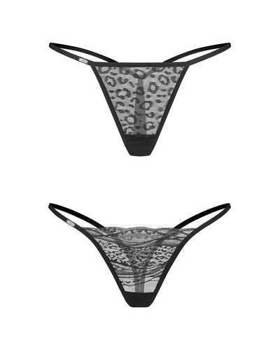 Set 2 chiloți tanga Clara Thong Obsessive Negru – Dantelă, Imprimeu Animal