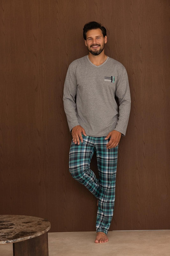 Regina 6011 Pijamale bărbați 100% bumbac mânecă lungă pantaloni în carouri gri