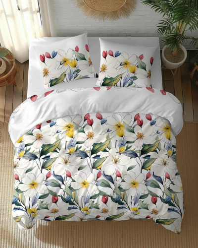 5774 A Lenjerie de pat din bumbac Cotton Bloom Detexpol, albă cu flori colorate – 100% bumbac, față-verso, producție poloneză