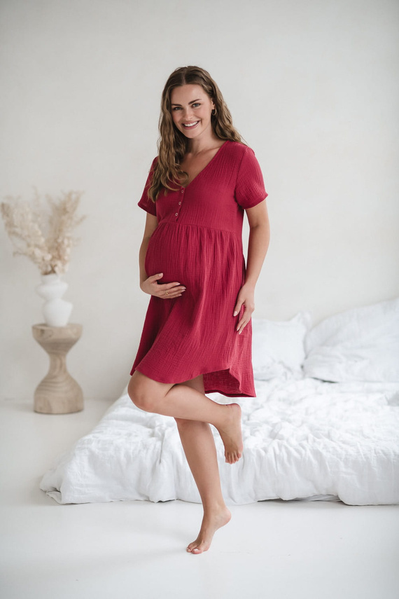 Cămașă de noapte de maternitate și alăptare de muselină Aurora Milk&Love raspberry