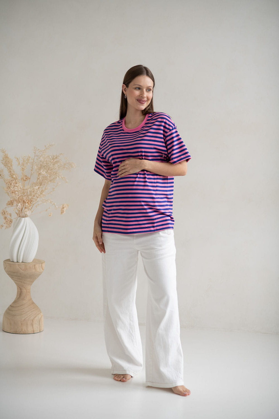 Tricou pentru maternitate și alăptare Mamahood Milk&Love, dungi roz și albastre - confortabil și elegant