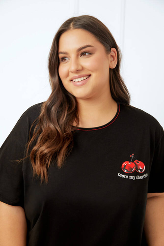 Pijama cu mânecă scurtă Cherry Ladies, pantaloni scurți Italian Fashion - negru/print