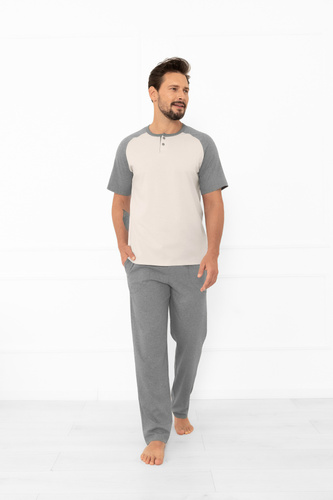Pijama pentru bărbați Alexander Italian Fashion bej - bumbac, tricou polo și pantaloni
