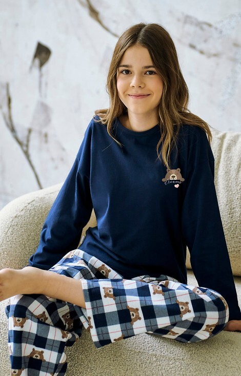 3503 Pijamale fete Astrid Taro, bleumarin – bumbac, imprimeu, pantaloni in carouri