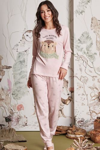 Pijama femeie Sorbetto Antea roz – lungă, roz, cu aplicare 3D, jerseu, bumbac