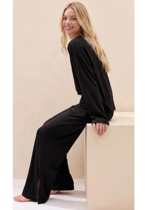 Pijamale damă Luna 1312 100% bumbac oversize pantaloni largi homewear - negru