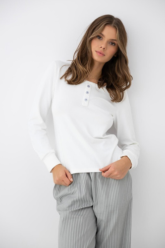 Sensis Salma pijama damă ecru-gri cu mânecă lungă și pantaloni cu dungi