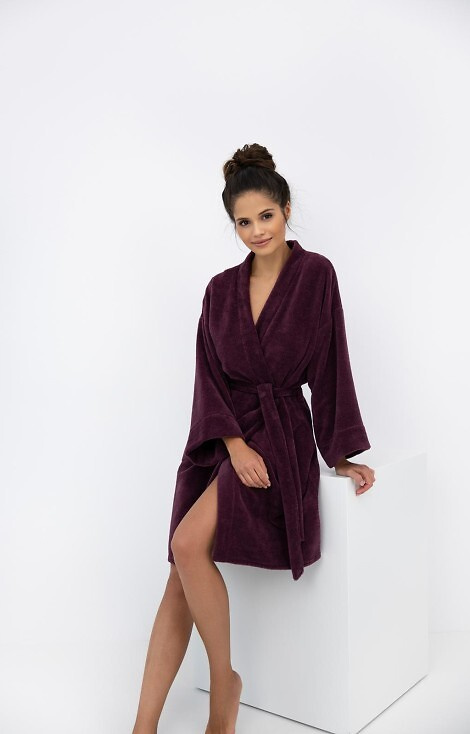 Halat de damă Indigo Sensis Burgundy - tricotaj moale, guler kimono, buzunare
