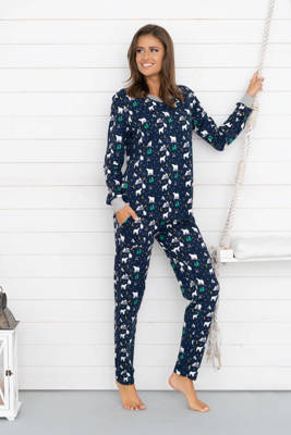 Ava Ladies' pijama cu mânecă lungă și pantaloni Italian Fashion - imprimeu albastru marin