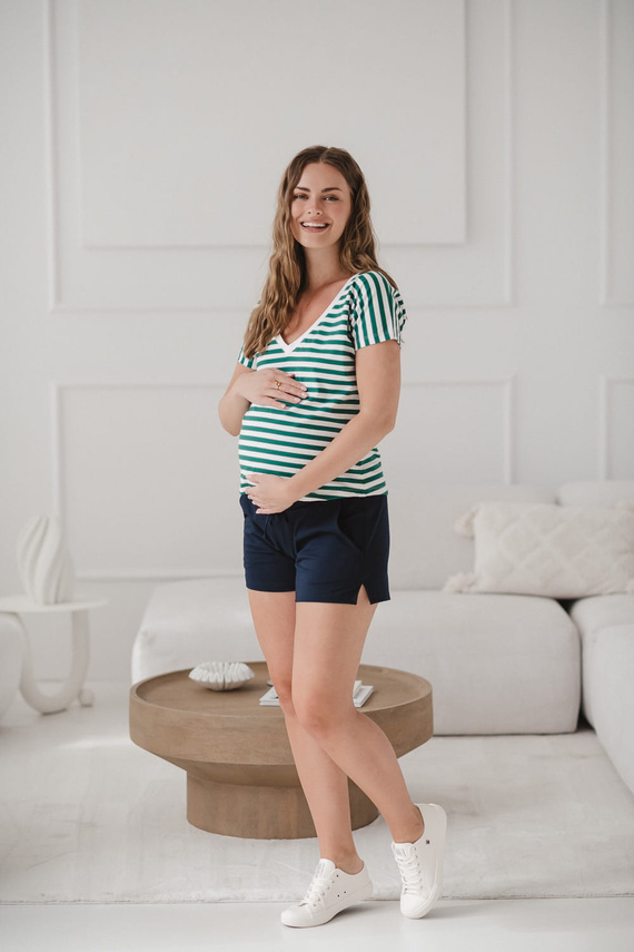 Bluză reversabilă de maternitate și alăptare Two Ways | Mânecă scurtă, confortabilă Milk&Love dungi verzi și albe
