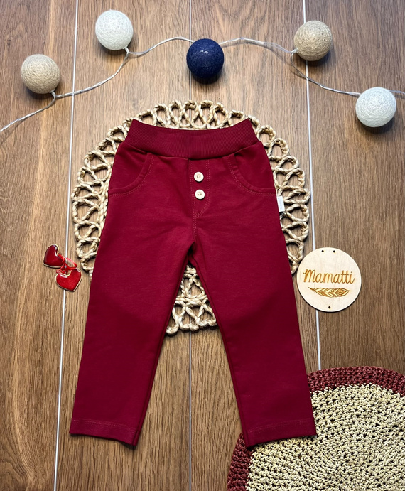 Mamatti SM020 pantaloni copii din bumbac bordo cu buzunare și nasturi din lemn
