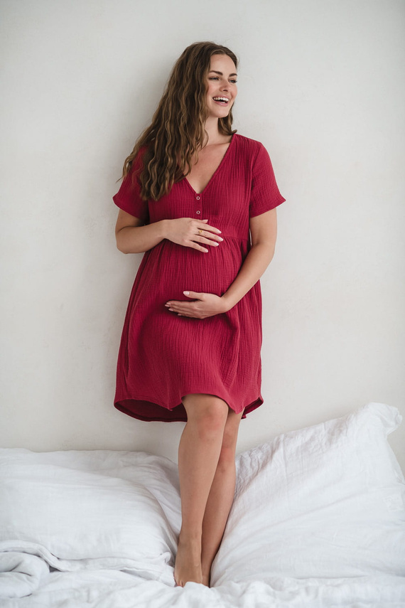 Cămașă de noapte de maternitate și alăptare de muselină Aurora Milk&Love raspberry