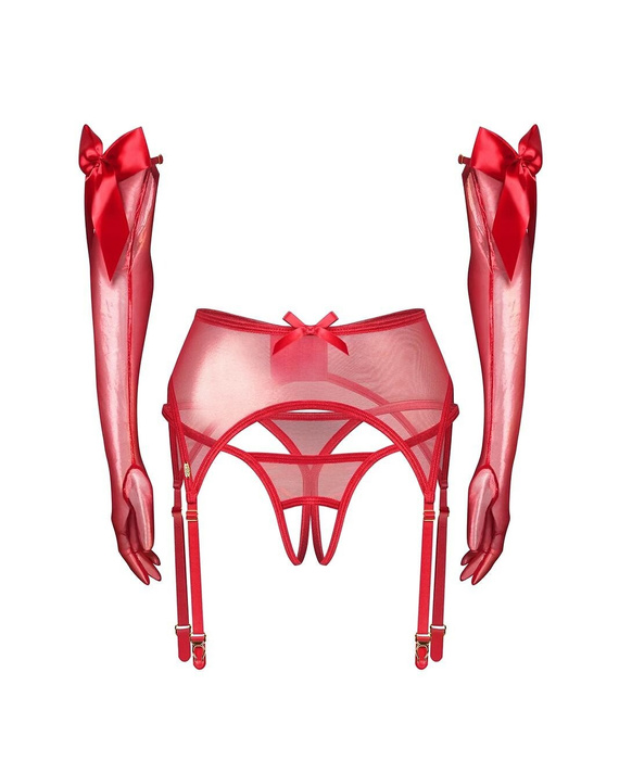 Obsessive Gifty Red 3-PCS Set roșu cu portjartier, tanga și mănuși