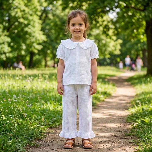 Pantaloni fete Nicol 224330 mușelin 100% bumbac largi de vară - albi