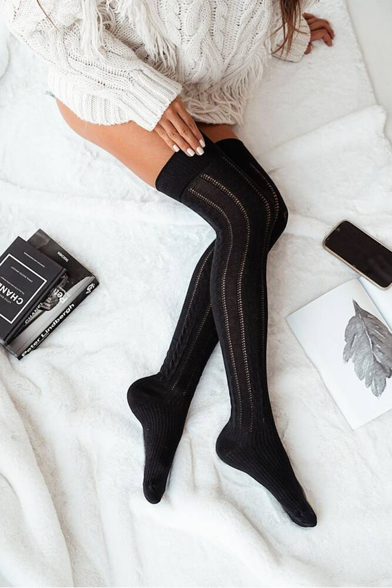 0347.001 Sosete până la genunchi Milena pentru femei cu împletitură ajurata - negri