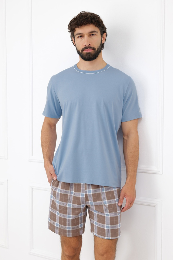 Pijamale bărbați Italian Fashion Dante bumbac scurte pantaloni scurți în carouri cu buzunare - oțel